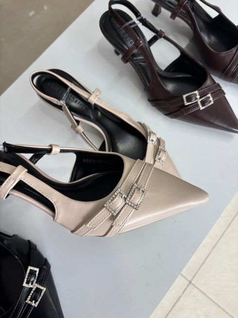 Belted Pointy Toe Slid On kitten Heels